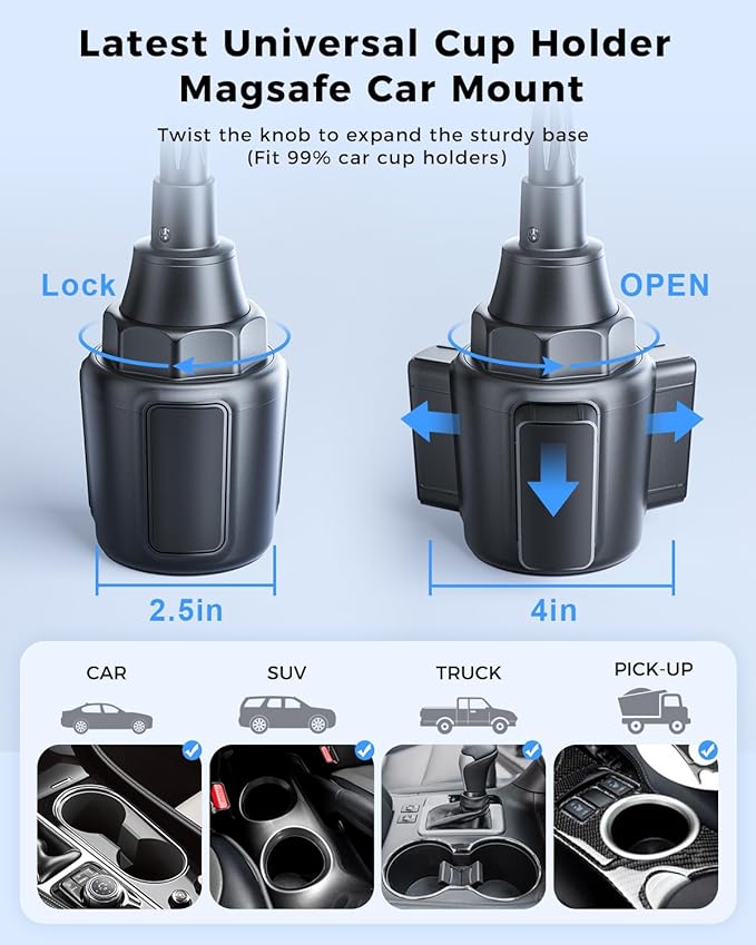SUPERONE Retractable Car Charger for iPhone with Dual Lightning Cables & MagSafe Cup Holder Charger