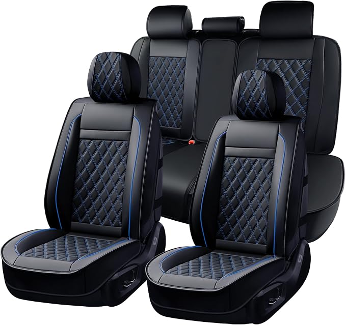 Huidasource Car Seat Covers, Car Seat Protector 5 Seats, Full-Cover Leather Car Seat Cushion Waterproof, Airbag Compatible, Universal Fit for Most Cars,Vans,Trucks, SUVs (Full Set/Black&Blue)