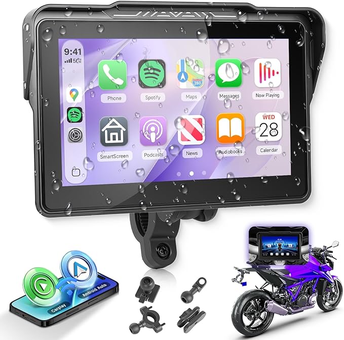 Motorcycle CarPlay Screen 7 Inch Wireless Carplay Android Auto for Motorbike with Removable Bracket, IP68 Waterproof Touchscreen, Supports GPS Navigation Bluetooth