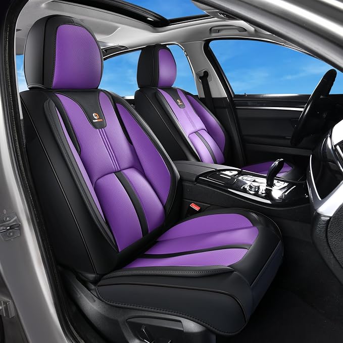 Huidasource Leather Seat Covers Luxury Nappa Leather, Seat Covers for Cars with Velcro Adjustable, Airbag Lumbar Support Cooling＆Heating, Seat Covers for SUV Fit for Most Cars SUV Trucks, Black＆Purple