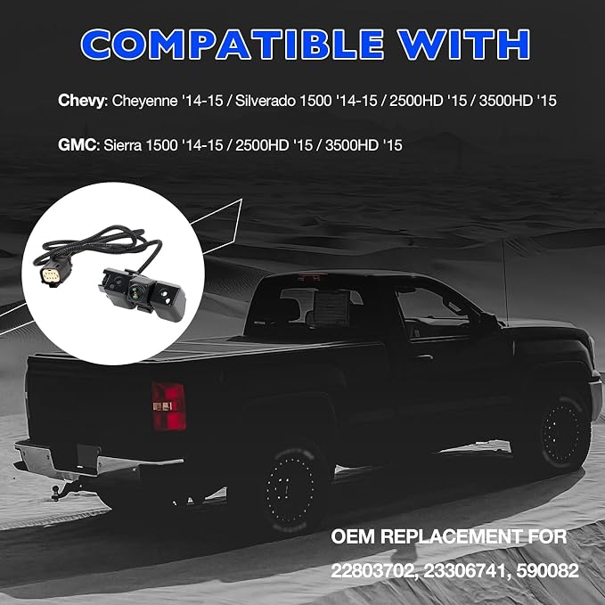 Rear View Backup Camera for 2014 2015 Chevy Silverado Cheyenne & GMC Sierra 1500/2500/3500 HD, Replaces OEM 22803702 23306741 590082, Reverse Back Up Camera, Plug and Play