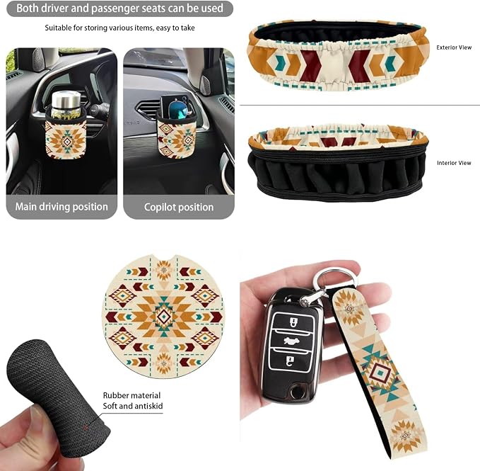 XYZCANDO Ethnic Prints Auto Interior 15 PCS Full Set Car Seat Cover Set Steering Wheel Cover Seat Garbage Bag Storage Box Belt Pads Cover Car Rear View Mirror Cover Coasters Keychain Fit Most Cars