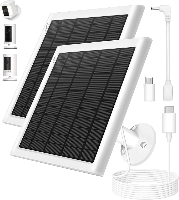 8W Solar Panel for Ring Camera, 2-Pack Solar Panel Charger Compatible with Ring Stick Up Cam Battery, Spotlight Cam Battery, Includes Barrel Plug to USB-C Adapter, IP65 Waterproof, 10ft Cable