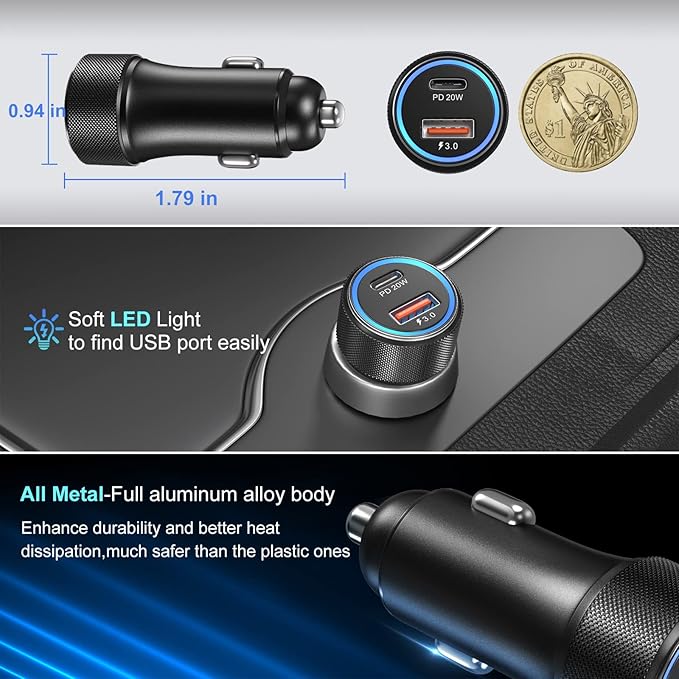 36W Dual Port Car Charger Adapter with 60W USB Type C Coiled Cable PD&QC 3.0 Fast Charging Cigarette Lighter USB Charger for iPhone, Galaxy, Pixel Devices