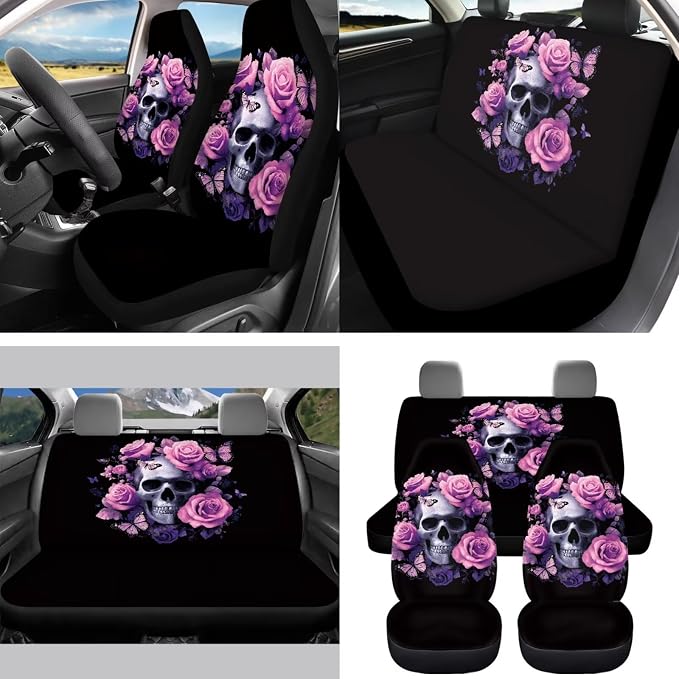 15 Pcs Pink Rose Skull Auto Interior Accessories Car Seat Covers with Auto Steering Wheel Cover Seat Belt Covers Car Trash Can View Mirror Cover Coaster Keychains