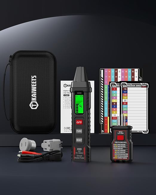 KAIWEETS Circuit Breaker Finder with LCD Display, GFCI Outlet Tester, AC 90-130V Electrical Circuit Tracer Tool with NCV Tset & Flashlight, Includes Carrying Case with Adapter, Alligator Clips -KT303P
