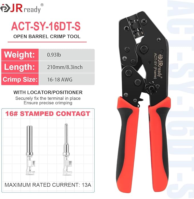 JRready ACT-SY-16DT-S 3rd-Gen Deutsch DT Crimp Tool for 16# Stamped & Formed Contacts, One-Cycle Ratcheting Crimper with Positioner, 16-18 AWG, for Amphenol AT