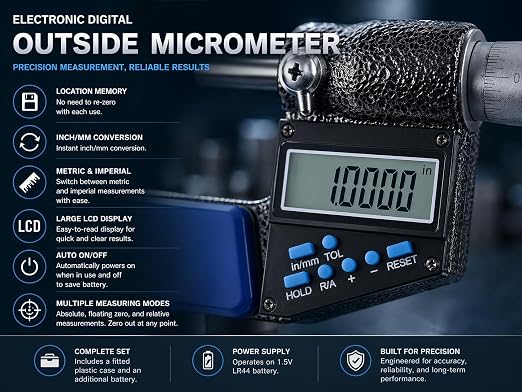 Accusize Industrial Tools 1-2''/25-50 mm by 0.00005''/0.001 mm 7-Key Electronic Digital Micrometer, Water Proof, Ac21-2022 | IP54 Rated, 0.00005"/0.001 mm Resolution, 7-Key, ±0.002" Accuracy