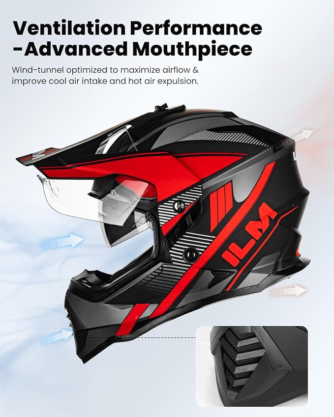 ILM Dual Sport Adventure Motorcycle Helmet with Pinlock Compatible Sun Visor Snowmobile ATV Dirt Bike Off Road Casco Model WS902 RedBlack Small