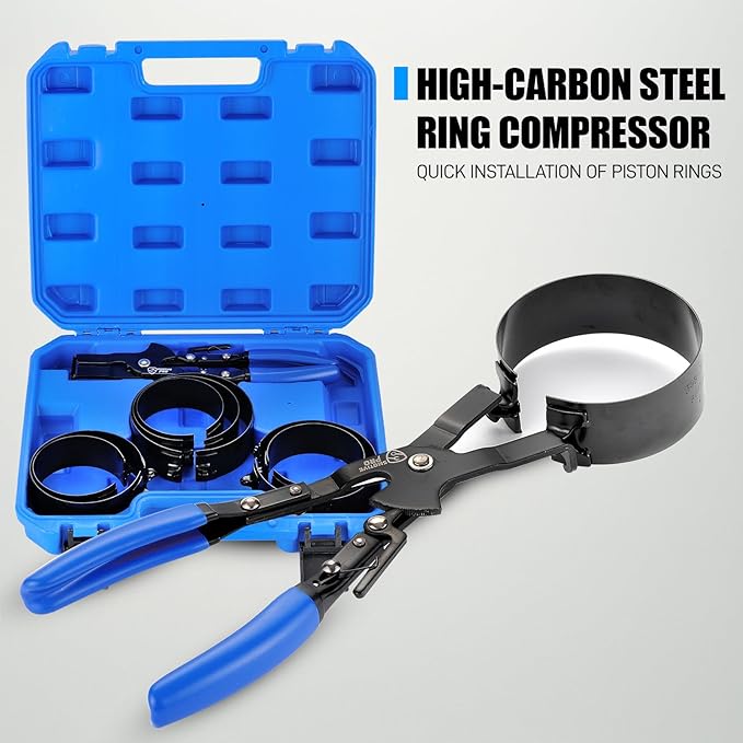 SMOTIVEPRO 8 Piece Piston Ring Compressor Tool Set with Piston Ring Pliers and 7 Piston Rings from 2-7/8" to 4-5/8"(73mm-117mm), Ring Compressor for Car Engine