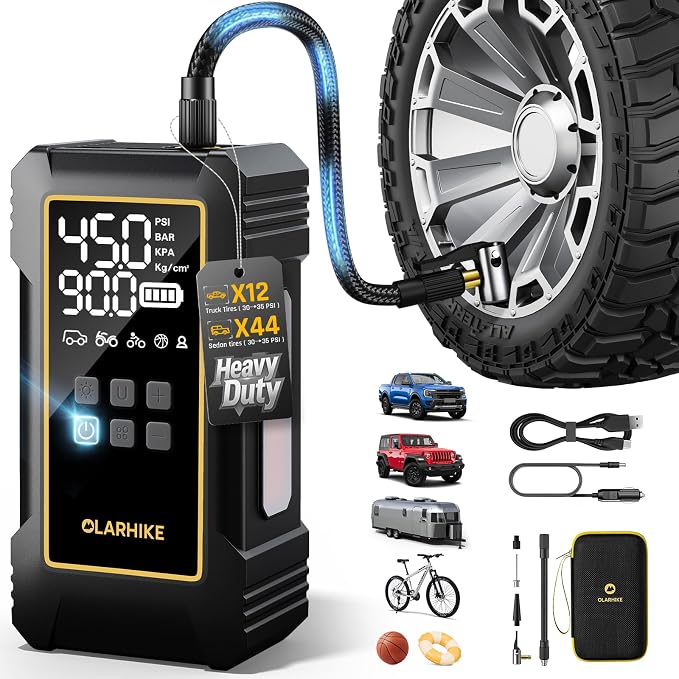 OlarHike Powerful 12000mAh Heavy Duty Tire Inflator Portable Air Compressor, 7X Faster, 150PSI Dual Power 12V&Cordless Air Pump for Car Tires, Pickup Trucks, Jeeps, SUVs & RVs. Digital Pressure Gauge