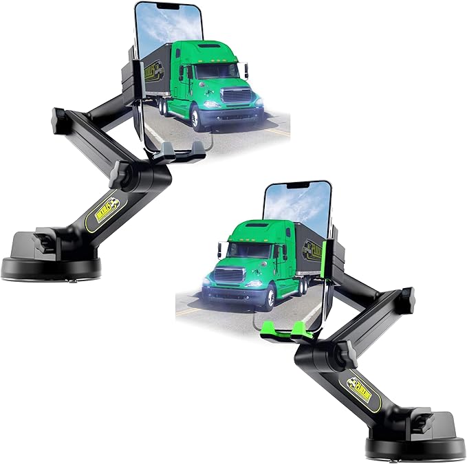 Gray Semi Truck Phone Mount & Green Semi Truck Phone Mount, Heavy Duty Cell Device Holder for Dashboard Windshield 16.9 inch Long Arm, Stable and Super Suction Cup (2 Device Mounts)