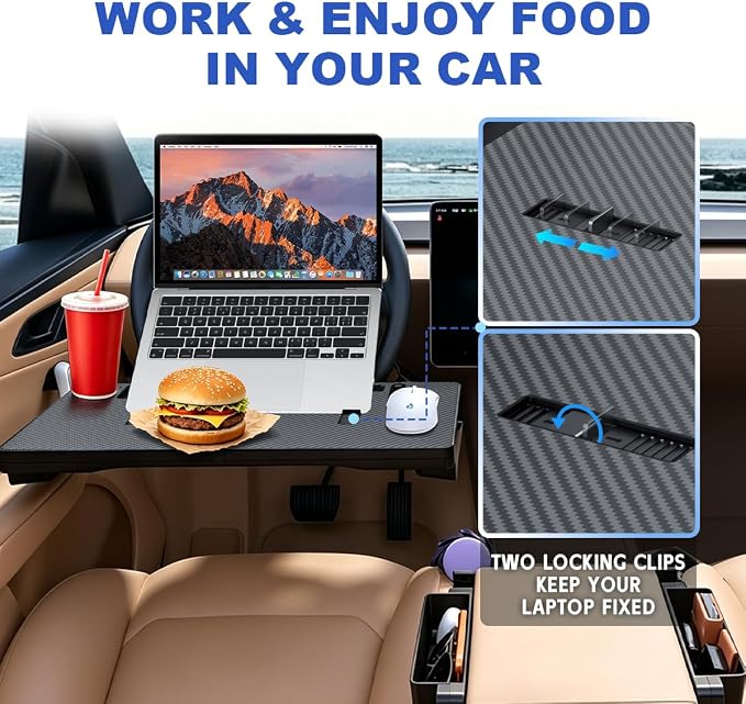 2 in 1 Large Car Steering Wheel Tray Table, Car Seat Gap Filler Organizer, Detachable Car Desk with Carbon Fiber Texture, Steering Wheel Laptop Mount Food Tray Fit for Most Cars
