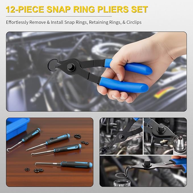 12PCS Versatile Snap Ring Pliers Set with 4PCS Pick Tool, Internal/External Retaining Ring Pliers with 4 Tip Sizes (0.038/0.047/0.070/0.090in) for Circlip Removal, Automotive & Machinery