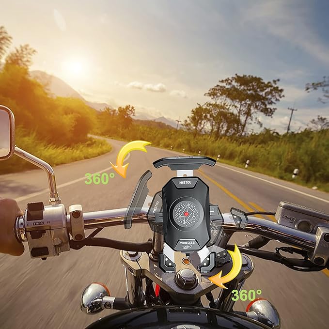 iMESTOU Anti-Theft Motorcycle Wireless Phone Mount Charger 15W & USB C 3A Handlebar 1" Ball Phone Holder Works with 12V/24V Vehicle/USB A Socket 720 Rotation Quick Charge for 4.0-7.0" Cellphones