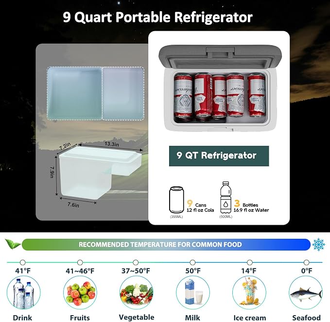 Alpicool MG9 Mini Portable Freezer, 12 Volt Car Refrigerator, 9 Quart Fast Cooling, with 12/24V DC and 100-240V AC for Outdoor, Camping, RV, Truck