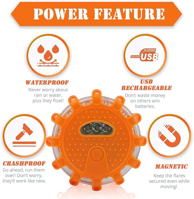 Ecoangel USB Rechargeable LED Road Flares Emergency Lights-Roadside Warning Car Safety Beacon Flashing Disc Flare Kit with Magnetic Base for Vehicles & Boat | 12 Beacon Disc Pack