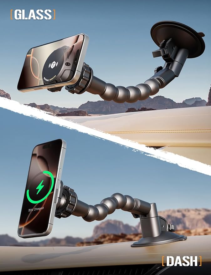 ToughTested MagTough Python Magnetic Phone Holder for Car - 15W Fast Wireless Charger, Dashboard & Windshield MagSafe Car Phone Holder for iPhone 17 16 15 14 Pro Max Android, Flexible Arm 360 Rotation