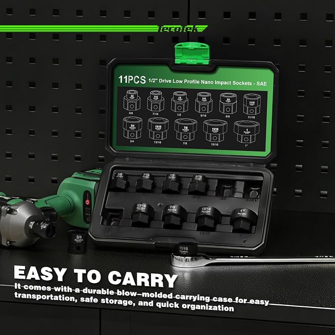 TecoTek 11-Piece 1/2-Inch Drive SAE Low Profile Impact Socket Set, Stubby Socket Set, 3/8" - 1", 6 Point, Cr-Mo, Shorter Socket for Tight Areas