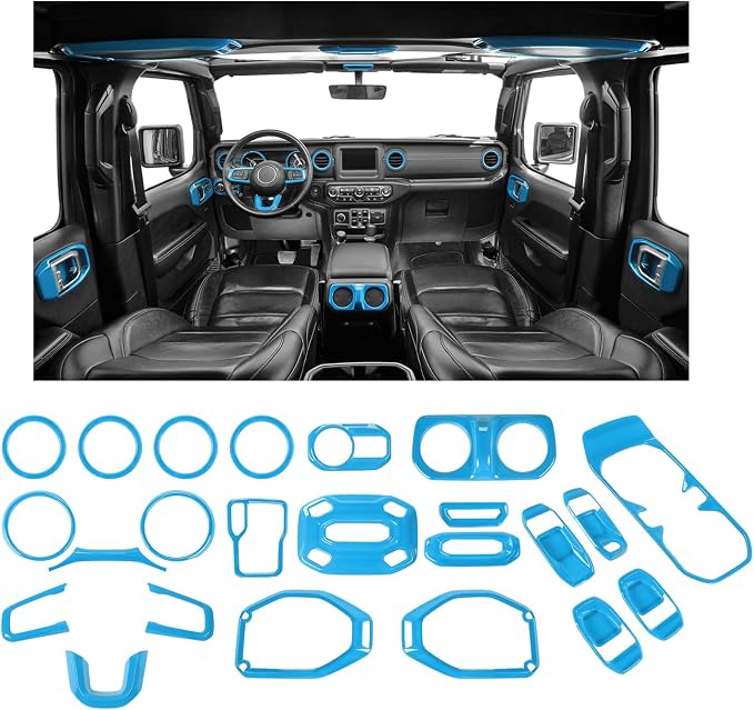 23pcs Full Set Interior Trim Kit for Jeep Wrangler JL JLU Gladiator JT 2018-2023 Steering Wheel Door Handle Air Conditioning Vent Cup Holder Reading Light Headlight Gear Cover, Light Blue