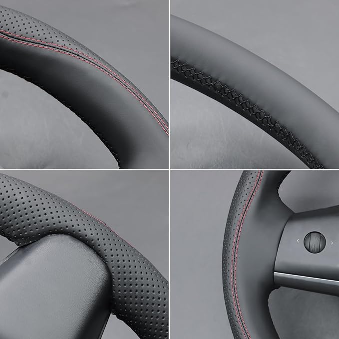 MEWANT Hand Stitch Black Genuine Leather Steering Whee Cover for Tesla Model 3 Model Y 2020-2023 DIY Steering Wheel Wrap