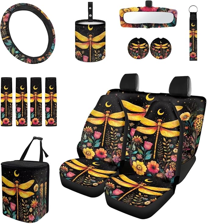 Moon Floral Dragonfly 15Pcs Car Seat Cover Full Set Car Steering Wheel Cover Seat Belt Cover Trash Bin Front Rear View Mirror Car Cup Holder Keychain