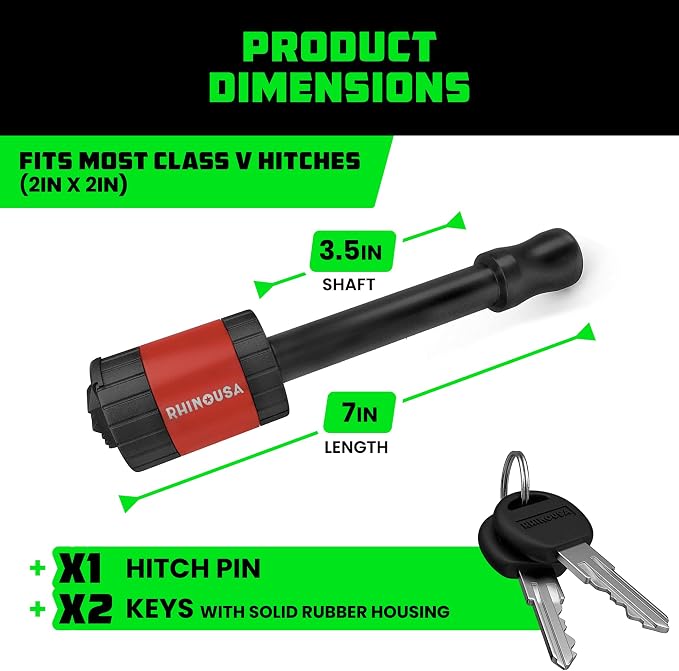 Rhino USA 2” Trailer Hitch Pin – Patented 5/8" Locking Receiver Pin for Class III/IV Hitches – Weatherproof, Anti-Theft, Debris-Protected – Tow Truck Ready – Red 1PK