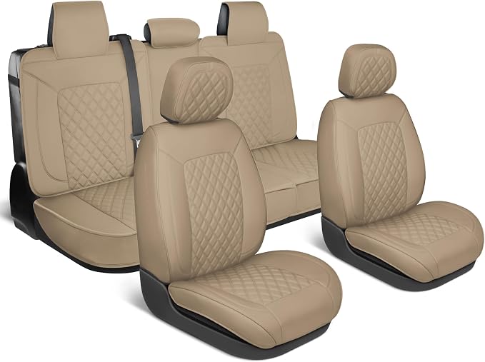 MotorBox Prestige Edition Napa Leather Seat Covers Full Set - Beige Car Seat Covers Front Seats and Back Car Seat Protector, Waterproof and Universal Fit for Most Small to Medium Autos, Trucks & SUVs