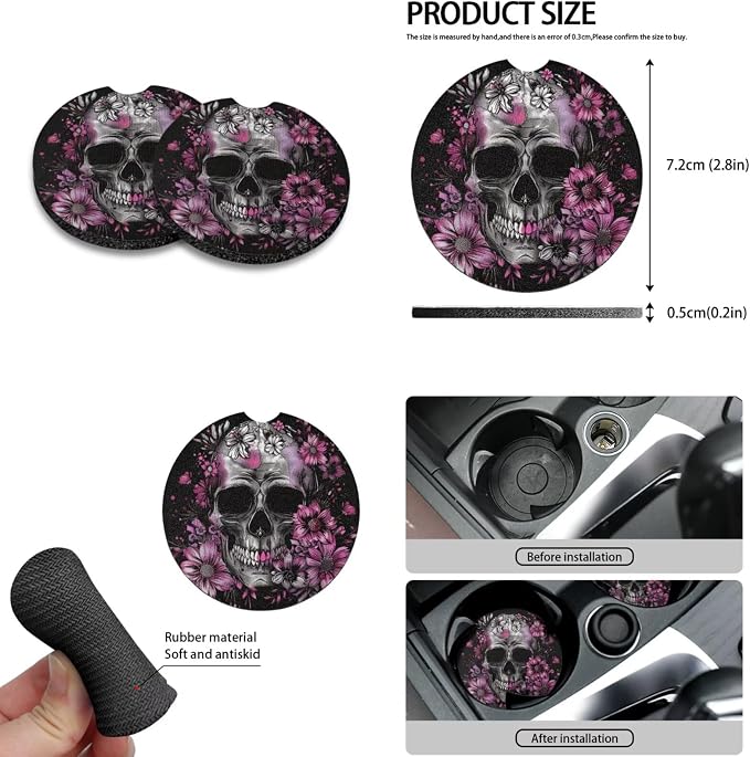 Howilath Purple Flower Skull Auto Front Seats Protector with Center Console Cover+Steering Wheel Cover+Seatbelt Pads+Keychain+Coasters Car Accessories Set of 10