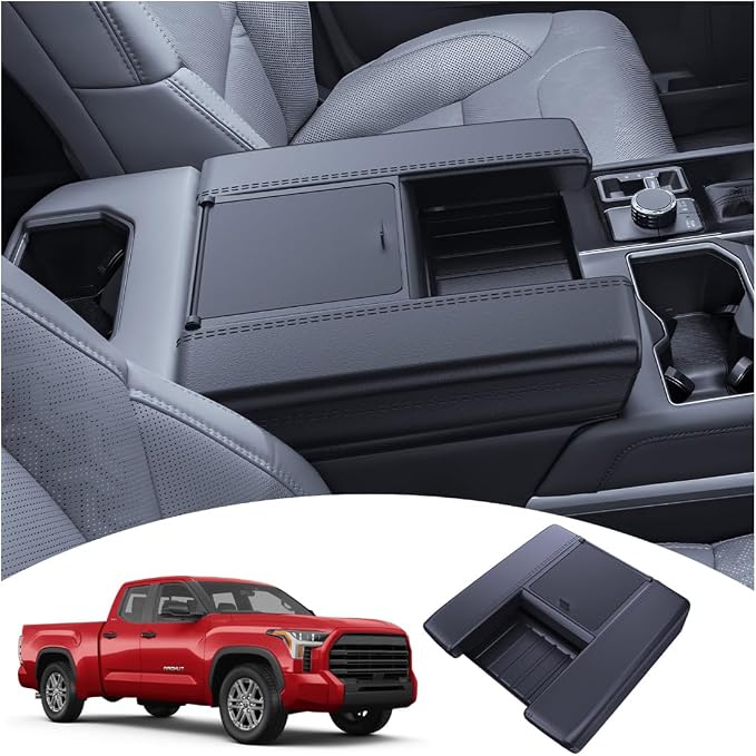 for 2022~2026 Tundra (SR/SR5/Limited) 2-in-1 Silicone Center Console Armrest Cover& Armrest Hidden Privacy Tray - [OEM Design& Friendly Liquid Silicone Rubber] - Thin Black
