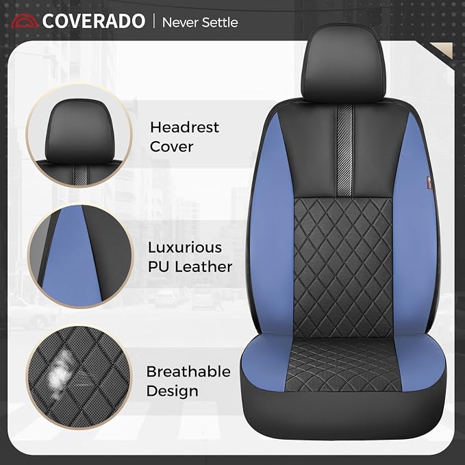 Coverado Car Seat Covers Front Pair, Automotive Leather Seat Covers for Car，Universal Fit Front Back Seat Cover, Non-Slip Waterproof Breathable Car Seat Protector
