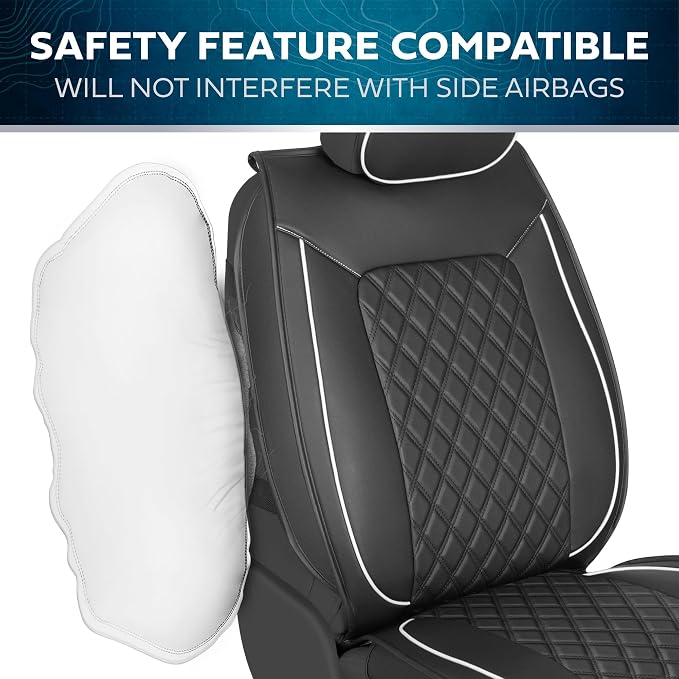 MotorBox Prestige Edition Napa Leather Car Seat Covers Full Set, Open Sides Leather Seat Covers, Premium PU Leatherette Black & White Seat Covers for Cars Trucks SUVs, Front and Rear Seat Cover Set