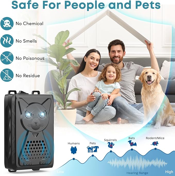 Ultrasonic Pest & Rodent Mouse Squirrels Repellent, Plug-in Electronic Rat Bat Bug Spider Repeller, Battery Operated Deterrent Control Mice for Car Engines, Replace Mouse Traps Indoor, Outdoor 1 Pack