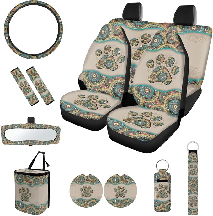 Dog Paw Print Car Seat Covers Full Set of 12 Car Seat Belt Pad Cover Steering Wheel Cover Car Trash Can Rear View Mirror Cover Car Cup Coasters Keychains Keychain Holder