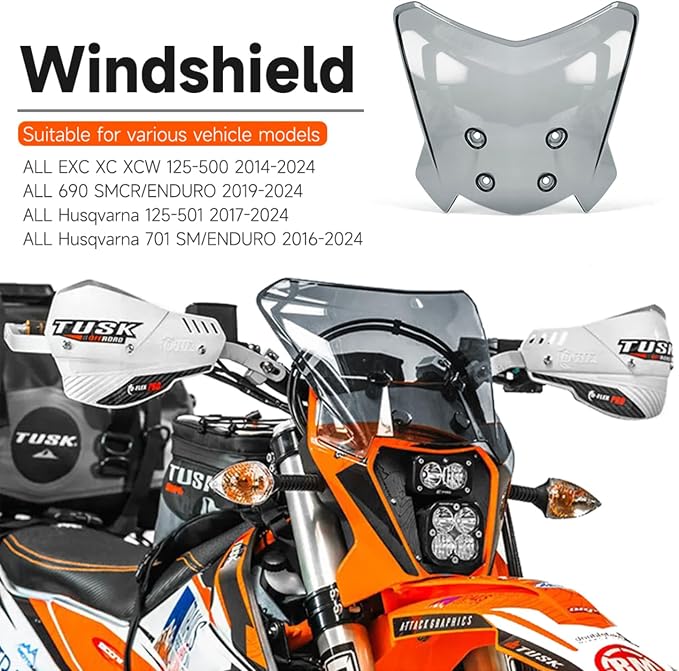 Motorcycle Windshield for all 690 SMC R ENDURO / EXC XC XCW 125-500 / Husavarna 701 SM/ENDURO 125-501, Front Windscreen Wind Deflector Wind Protection (Smoke Gray)