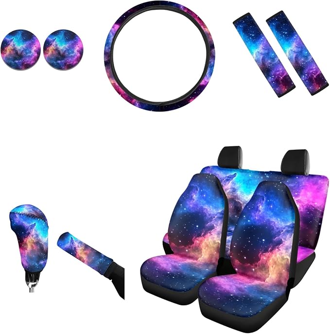 AFPANQZ Nebula Galaxy Car Seat Covers with Steering Wheel Cover, Seat Belt Shoulder Pads, Cup Holder Coasters, Gear Shift Knob and Handbrake Protector Cushion Full Set of 11 for Men Women Gift Navy