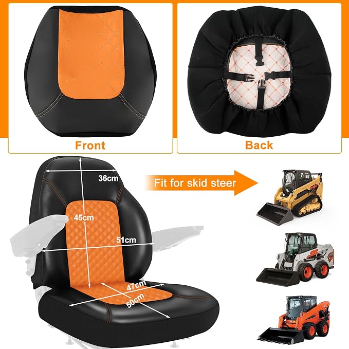 Industrial Vehicle Seat Cover for Skid Steer, Heavy Duty Leather Seat Cover, Compatible with John Deere, Caterpillar, Kubota, Bobcat, New Holland, Orange