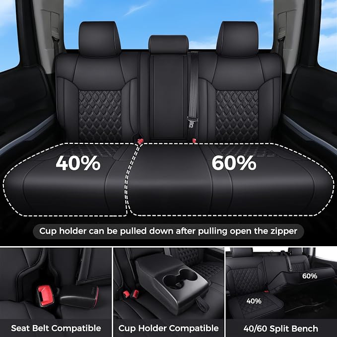 Huidasource for Toyota Tundra Rear Seat Cover, Nappa Leather Truck Rear Seat Cover, 360° Full-Coverage Toyota Rear Seat Covers 2014-2021 CrewMax, Compatible with Armrest Airbags (Back Row/Black)