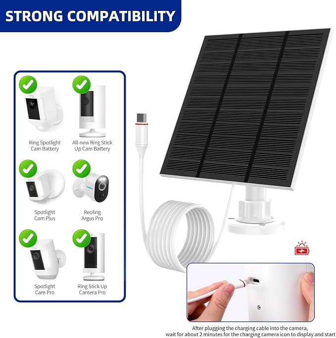 Solar Panels for Ring Camera Outdoor (New Generation)) 5W 5V Solar Panel Charger with USB-C&plug for Spotlight Cam Plus&stick up Cam Pro.Waterproof IP65 360°adjustable 10FT Cable (White, 3)