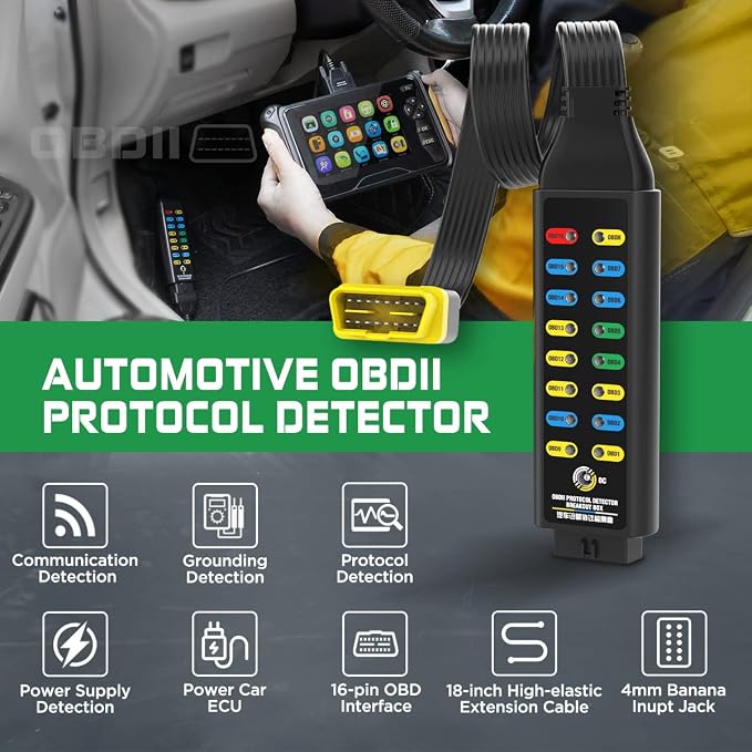 OBD2 Breakout Box Professional OBDII Breakout Box Protocol/Power/Ground Detector Breakout Box for Power the Car 16-Pin CAN Breakout Box Automotive with 4mm Banana Jack,18inch Cable,4 Sets Jumper Wires