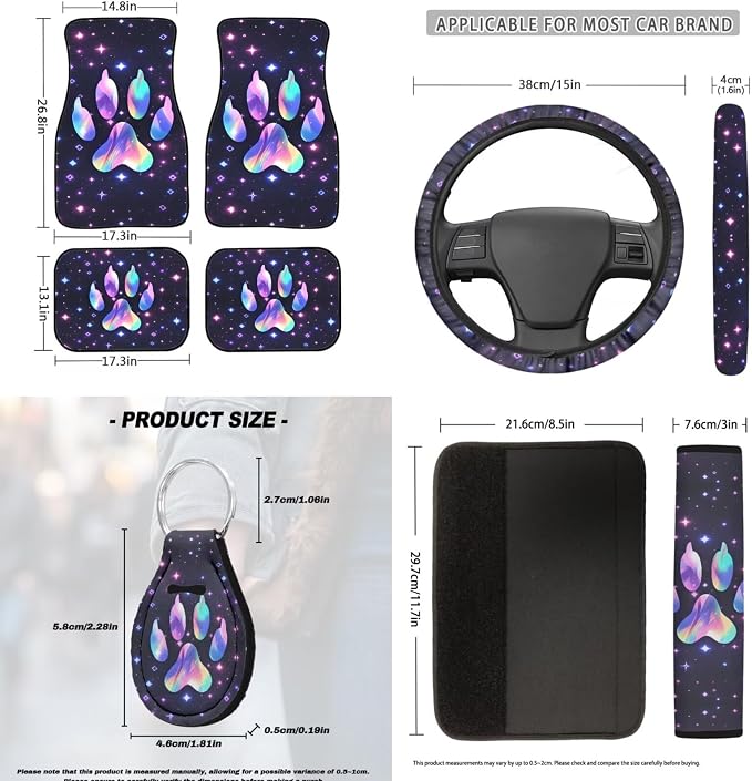 18 Pcs Car Accessories Set for Women, Colorful Stars Dog Paw Print Design, Car Seat Covers with Steering Wheel Cover Floor Mats Seat Belt Pads Armrest Pad Handle Gloves Coasters Keychains