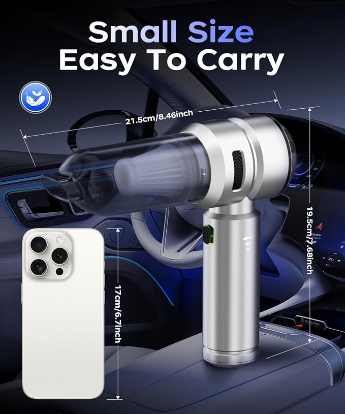 VNOST Car Vacuum,3 Suction Modes,Portable Mini Cordless Cleaner with 50000pa Suction Power,Type-C Charge,Handheld Vacuum for Home,Car,Birthday Gifts for Men Dad(Silver)