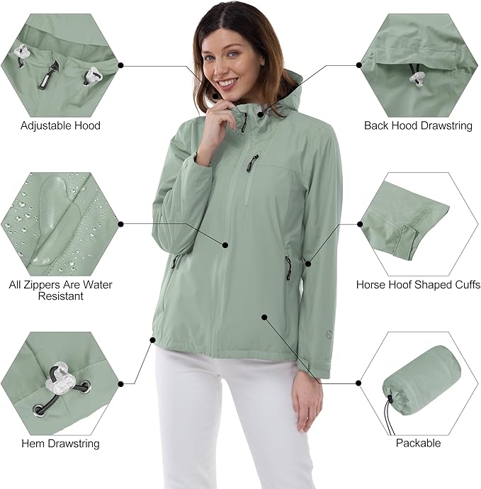 Outdoor Ventures Packable Rain Jacket Women Lightweight Waterproof Raincoat with Hood Cycling Bike Jacket