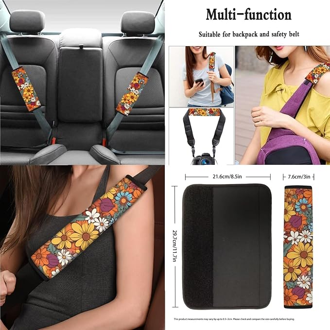 Car Accessories Full Set of 13 Pack Car Seat Cover Steering Cover,Seat Belt Covers,Keychain,Lipstick Holder,Coaster, Universal Fit, Colorful Hippie Daisy Floral Print