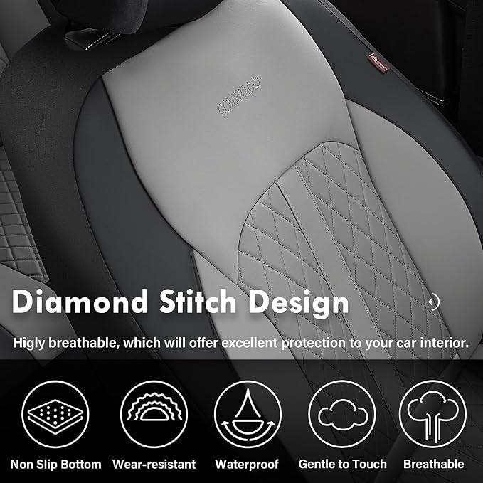 Coverado Universal Leather Seat Covers Front Seats, 2-Pack Seat Covers for SUV, Pickup Truck, Sedan, Automotive Vehicle Interior, Waterproof and Durable All Weather Protector，Black&Gray