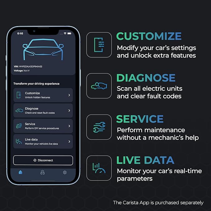 Carista EVO - Bluetooth OBD2 Scanner - Car Diagnostic Tool & Code Reader with Access to Diagnostics, Customizations, Service Tools & Live Data (Subscription Required)