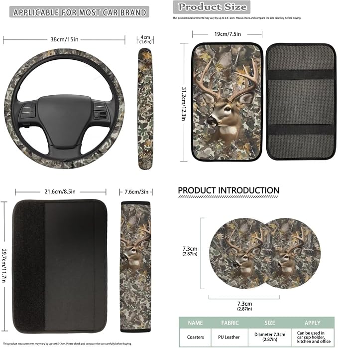 Bulopur Elk Hunting Camo Automotive Seat Covers Set with Matching Steering Wheel Cover Breathable Center Console Cushion Pad Non-Slip Seat Headrest Cover 14 Pack Auto Interior Accessories