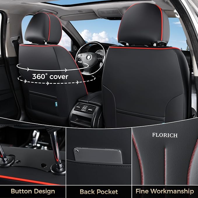 FLORICH Leather Car Seat Cover, Car Seat Covers Full Set, Waterproof Car Seat Protectors 5 Seats, Front and Rear Seat Covers for Cars, Automotive Seat Covers Protector Fit for Most Cars Trucks
