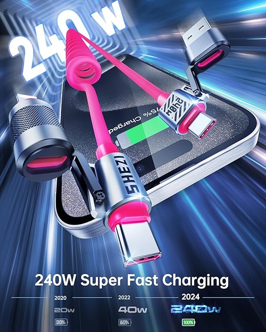 4-in-1 Coiled USB C Cable for Car 5FT [240W Fast Charging] Compatible with Lightning Cable [CarPlay & Android Auto] Multi Charger Cord Combo with L/Type C/USB A Ports for iPhone/iPad (Pink)