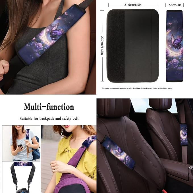 8 Pcs Purple Butterfly Rose Car Interior Accessories Set for Women, Car Seat Covers, Auto Steering Wheel Cover, Auto Center Console Pad, Seat Belt Covers